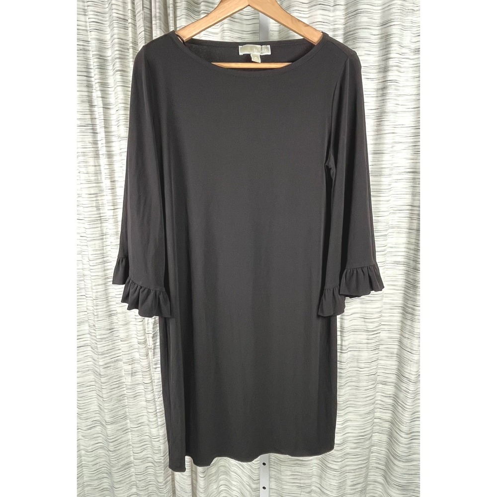 Michael Kors Black Ruffle Bell Sleeve Shift Dress Womens Medium Boat Neck‎